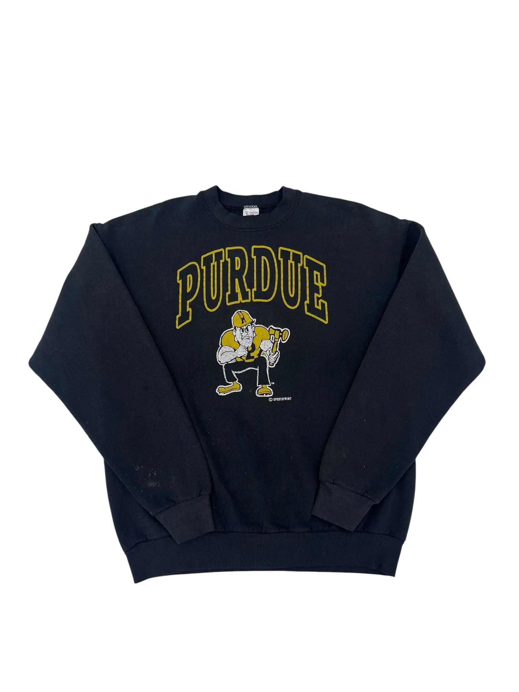 A folded black sweatshirt featuring a yellow 'PURDUE' graphic and a running football player mascot on the front, displayed against a plain white background.