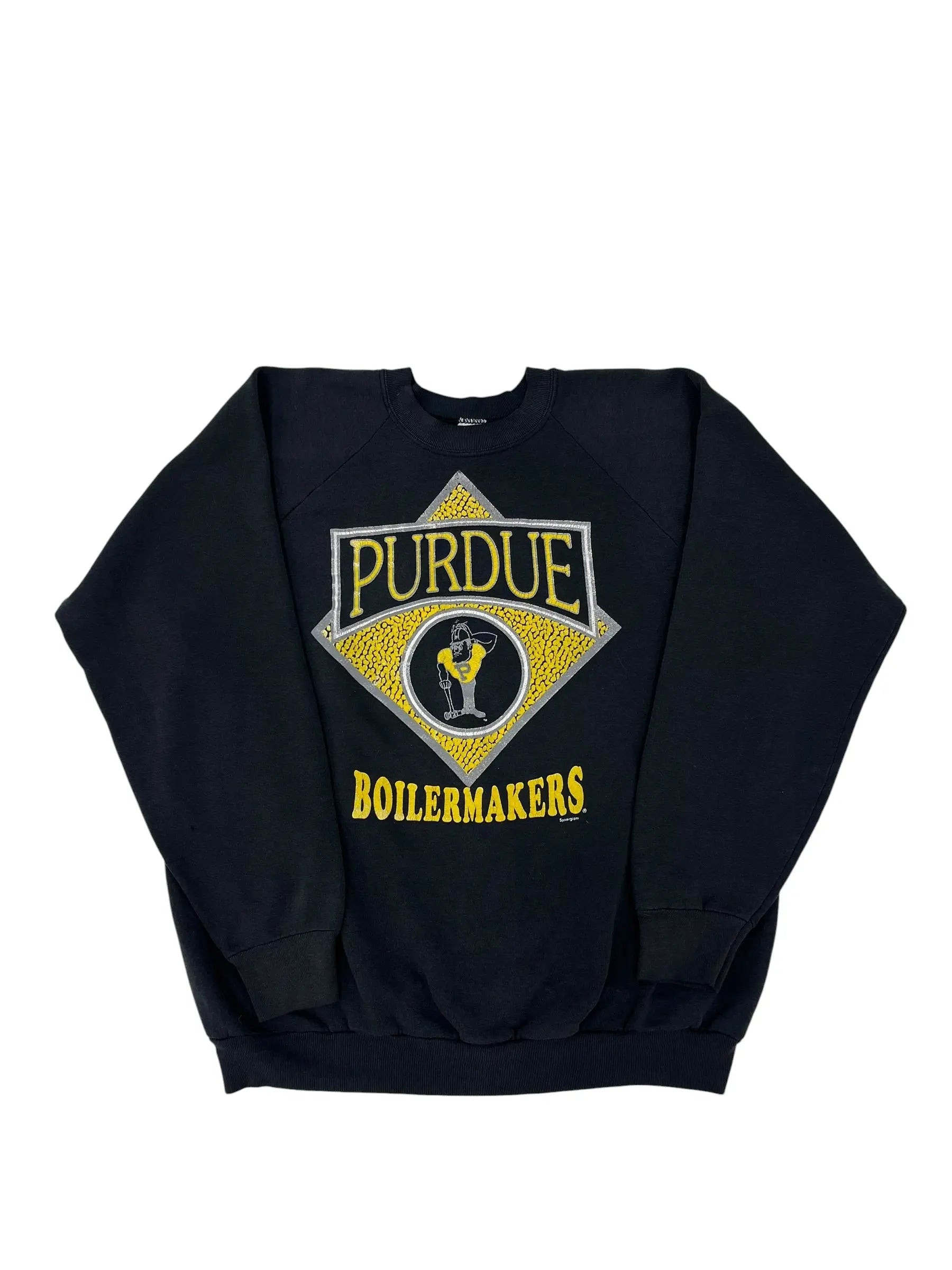 A black long-sleeve sweatshirt featuring a Purdue Boilermakers graphic on the front, laid flat on a white background.