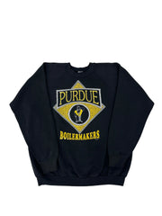 A black long-sleeve sweatshirt featuring a Purdue Boilermakers graphic on the front, laid flat on a white background.