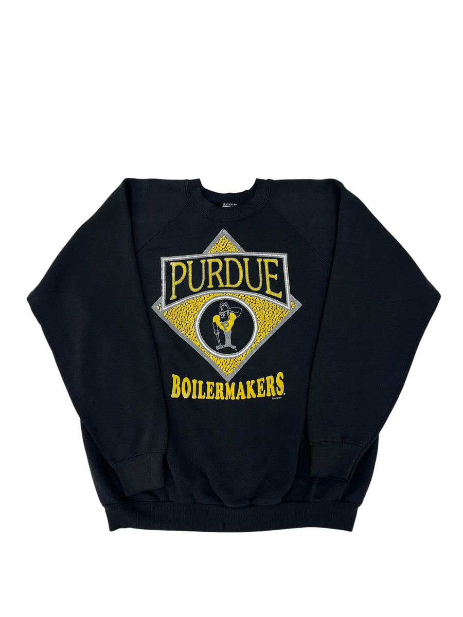 A black long-sleeve sweatshirt featuring a Purdue Boilermakers graphic on the front, laid flat on a white background.