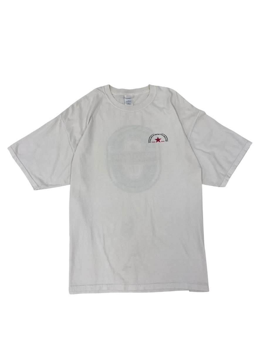 A white short-sleeve t-shirt laid flat on a white background, featuring a faint circular graphic on the front and a small red and black logo on the left chest.