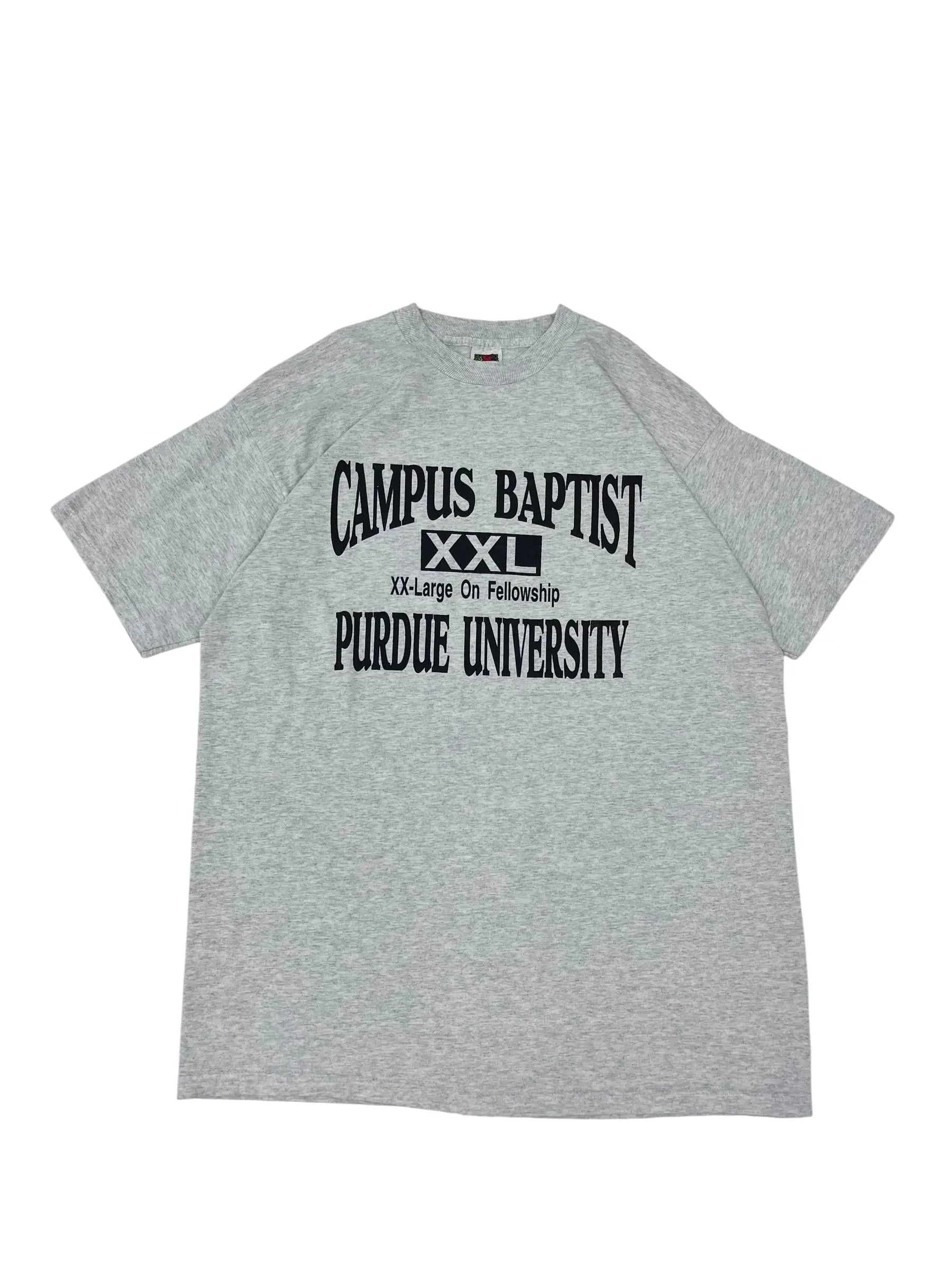 A heather gray short-sleeve t-shirt with black printed text reading 'CAMPUS BAPTIST' and 'PURDUE UNIVERSITY' on the front, laid flat on a white background.