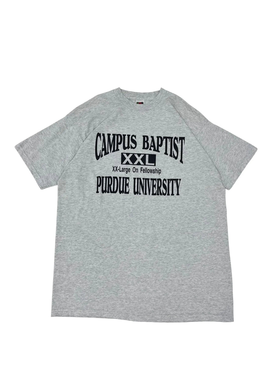 A heather gray short-sleeve t-shirt with black printed text reading 'CAMPUS BAPTIST' and 'PURDUE UNIVERSITY' on the front, laid flat on a white background.