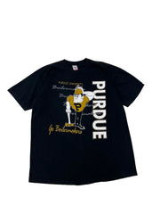 A black short-sleeve t-shirt featuring a Purdue University graphic on the front, laid flat against a white background. The graphic includes the word 'PURDUE' in bold white letters with a gold outline, a mascot illustration in gold and white, and 'Go Buckeyes' script.