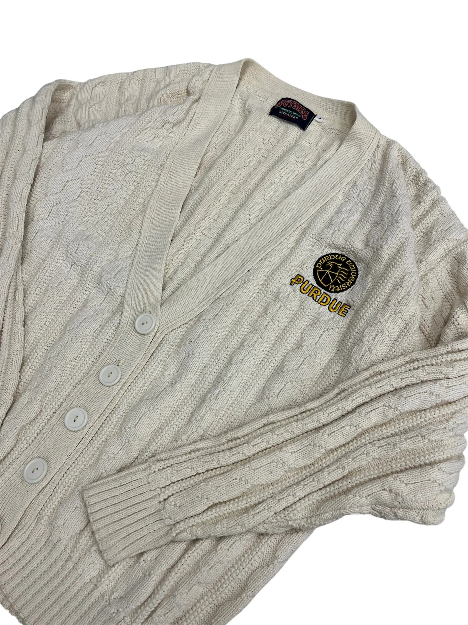 Vintage 90s Purdue Embroidered Cable Knit Cardigan Sweater - XL Hammered Threads