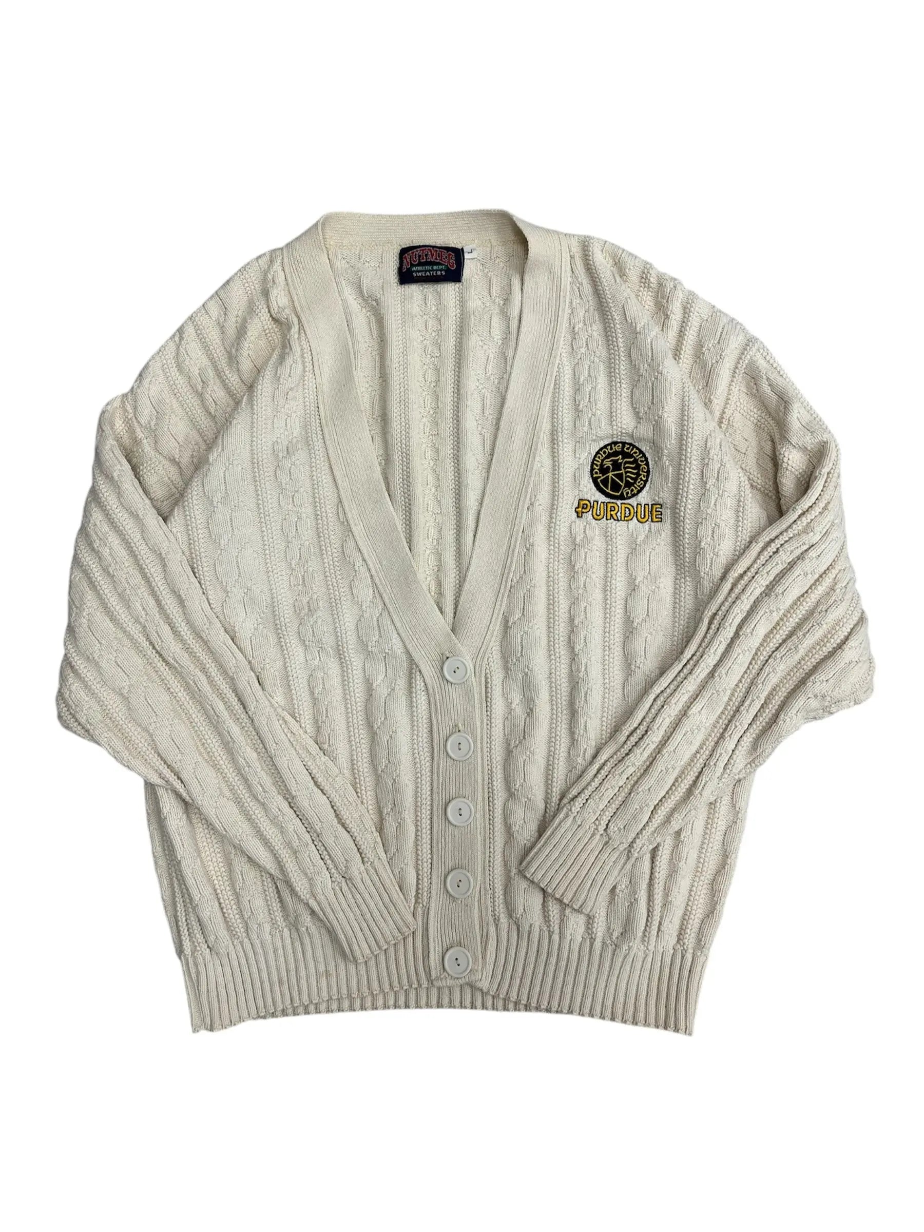 Vintage 90s Purdue Embroidered Cable Knit Cardigan Sweater - XL Hammered Threads