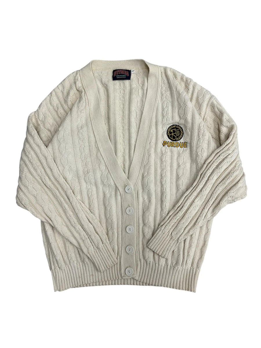Vintage 90s Purdue Embroidered Cable Knit Cardigan Sweater - XL Hammered Threads