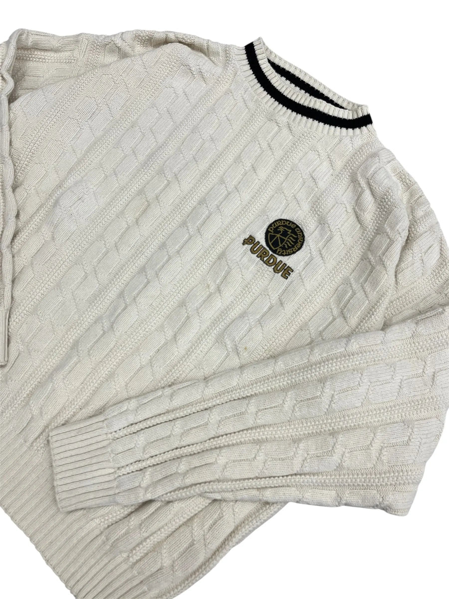 Vintage 90s Purdue Embroidered Cable Knit Sweater - XL Hammered Threads
